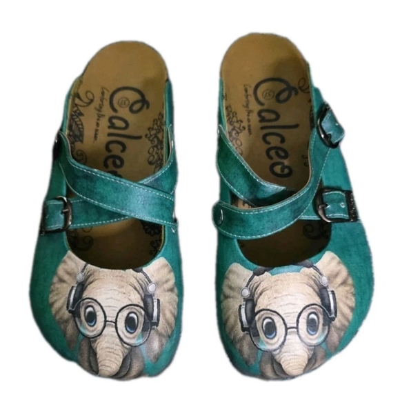 Calceo Shoes - Calceo Women's Slip-on Clog Shoe Green Elephant With Glasses On Foot Size 37